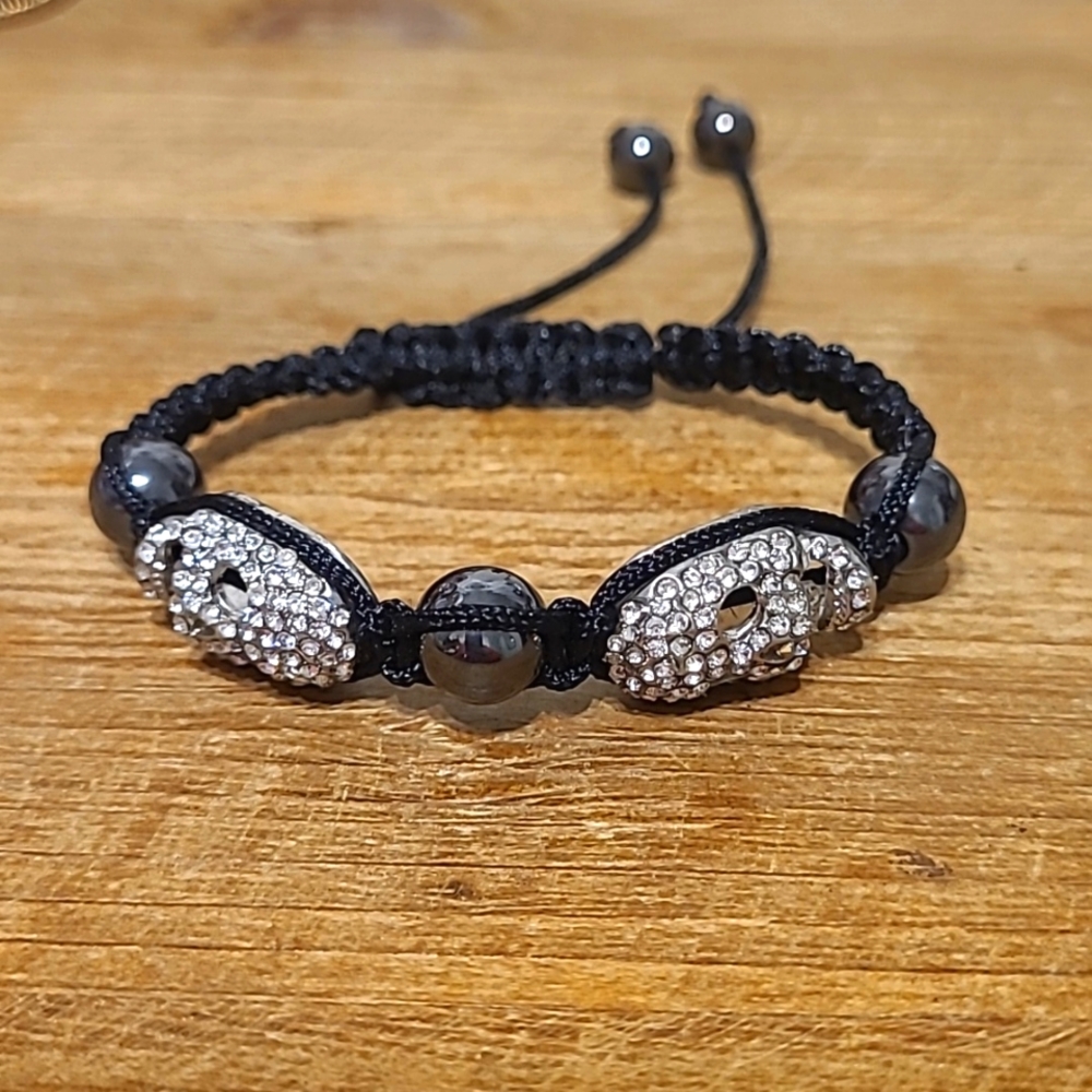Adjustable Bracelet Rhinestone Skull Hematite Bea… - image 1